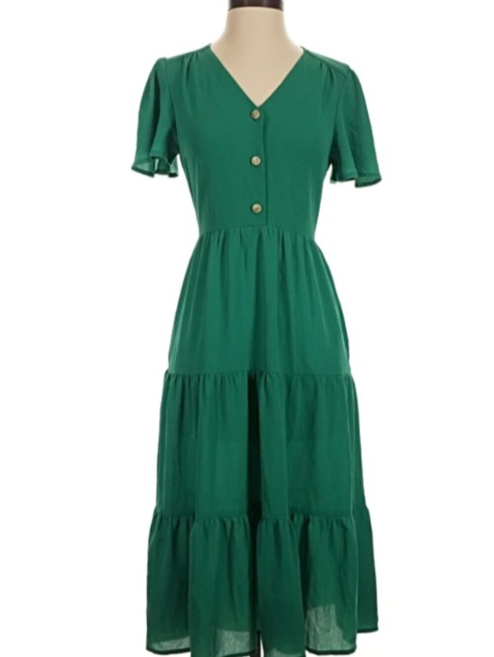 Monteau Emerald Green Tiered Midi Dress With Bow Buttons